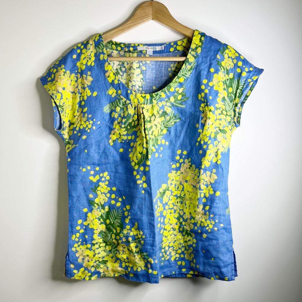 Boden Linen Trailing Mimosa Summer Blossom Blue Top